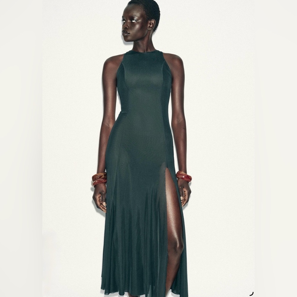 Zara | Dresses | Zara Dark Green Tulle Maxi Dress With Godet Hem Small